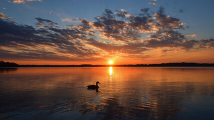 A serene landscape photograph featuring a sunset over a body of water. a solitary duck is positioned in the lower center of the frame, creating ripples in the otherwise still wate. Ai generated