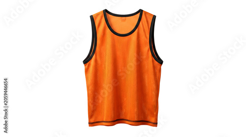 Orange basketball jersey with black trim, athletic mesh tank top for sports training, sleeveless team uniform mockup on white background