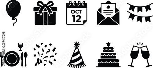 Event Planning Service Silhouette Icon Set with Balloon Gift Box Calendar Invitation Banner Table Confetti Party Hat Vector Clipart