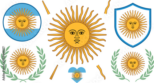 Argentina Sun of May National Emblem Vector Set with Traditional Flag Symbols Laurel Wreaths Heraldic Shields and Golden Sol de Mayo Graphics