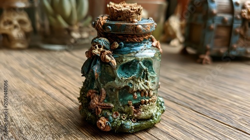 Skull Potion Jar: An eerie, antique-style potion jar fashioned from glass, its surface intricately decorated with a macabre skull design, moss, and ornate embellishments.