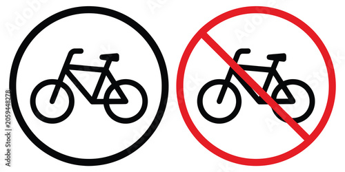 No bicycle sign and bike zone sign vector featuring traffic restriction icon set isolated on white background for cycling rules safety regulation and urban transport control graphics