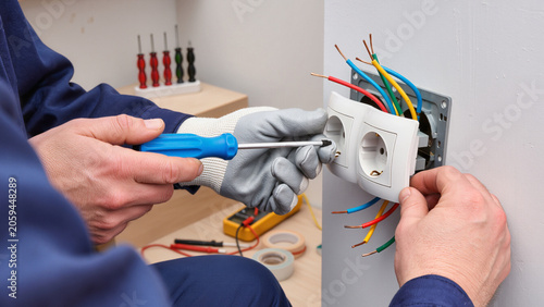 Bild auf Leinwand Electrical installation works, Wiring electrical outlets, Circuit breaker mainte