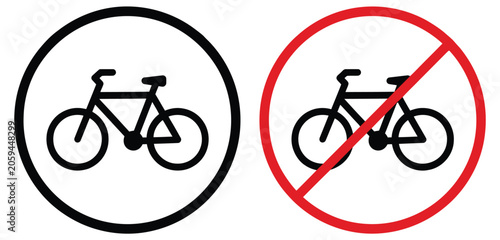 No bicycle sign and bike zone sign vector icon isolated on white background for traffic regulation cycling restriction safety warning urban transportation control symbols, editable vector illustration