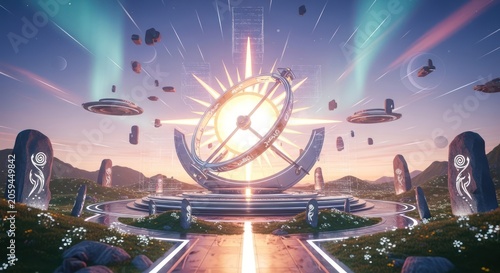 Futuristic astronomical armillary sphere monument at sunset.