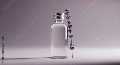 Clear liquid bottle with lavender sprig.