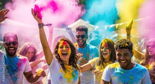 Friends celebrating Holi festival with colorful powder clouds.