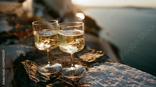 Toasting to Sunset: Two delicate champagne glasses filled with sparkling wine, perched on a stone ledge, capture the warm, golden hues of a breathtaking sunset over a tranquil sea.