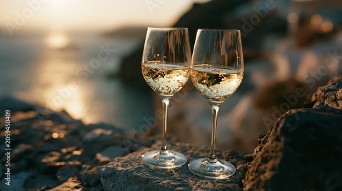 Romantic Toast by the Sea: Two elegant wine glasses filled with golden white wine clink together in a romantic toast against a backdrop of the sun setting over the ocean.