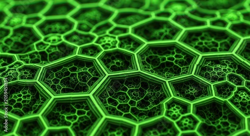 Abstract green hexagonal lattice pattern with digital glow.