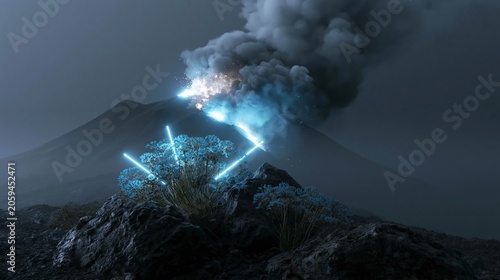 Volcanic Eruption and Ethereal Flora: A dramatic volcanic eruption spews ash and lava into a stormy sky, while a cluster of surreal, glowing blue plants grows resiliently from the rocky.