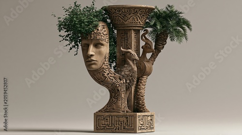 Sculptural Fusion: A striking stone sculpture merges a human face with architectural elements, entwined with lush greenery and palm fronds, evoking a sense of ancient artistry and natural harmony.