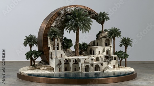 Miniature Mediterranean Village: A detailed diorama showcases a charming white-washed village nestled amongst palm trees and rocky terrain, with a calm body of water reflecting the intricate scene.
