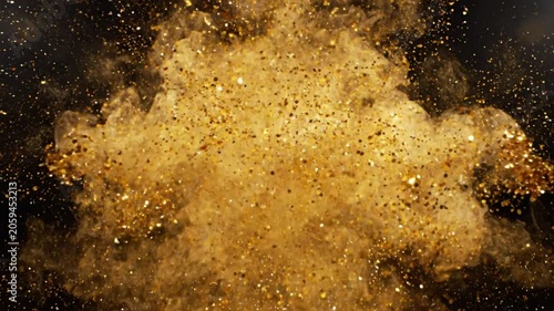 Golden particles explosion on black background.