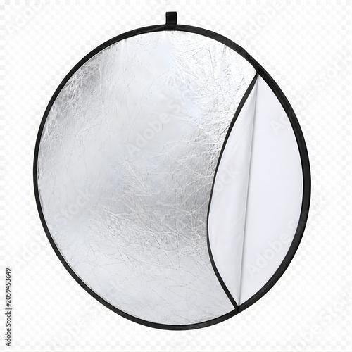 Silver and white circular light reflector for studio photography