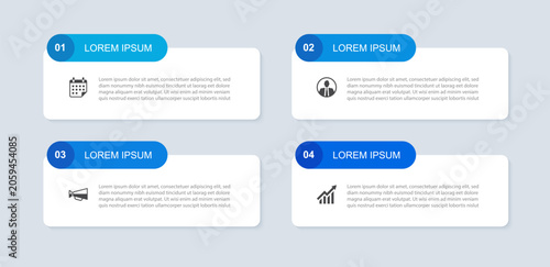 Business infographic blue rectangle banner template 4 options steps layout.