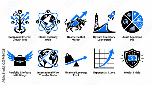 collection of 10 flat vector icons illustrating various finance and business concepts, including growth, market trends, and financial management, in a modern and minimalist style.