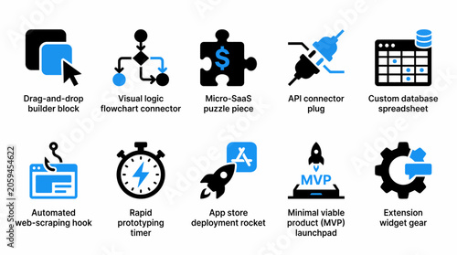 set of flat vector icons representing various software development and technology concepts, including drag-and-drop builder blocks, API connectors, and app store deployment rockets.