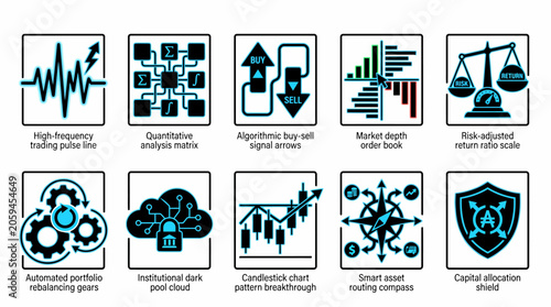 collection of 10 flat design icons representing various financial and trading concepts, including market analysis, risk management, and investment strategies.