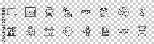 Fotografie outline technology icons set - open laptop, bounce rate, ventilating fan, scanner with cover