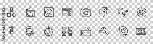 Photography outline technology icons set - user flow, radio with antenna, customize, world news