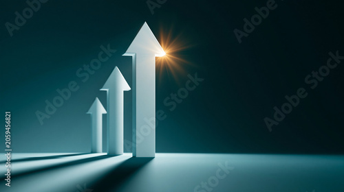 Ascending Arrows of Success: Three white arrows point upwards in a symbolic representation of growth, progress, and rising success, bathed in a dramatic spotlight with a glowing flare.
