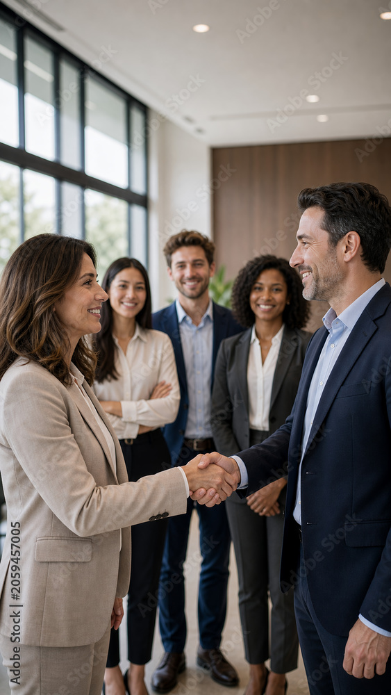 Obraz premium Business partners shaking hands with a team in the background