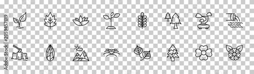 Foto outline nature icons set - tree growing, hawthorn, bonsai tree, flower