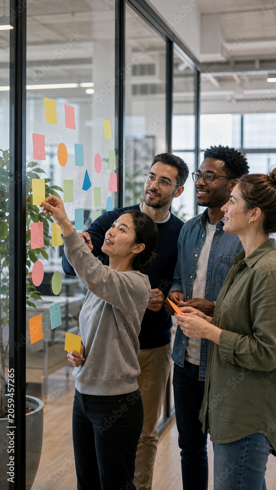 Obraz premium Startup team brainstorming with blank sticky notes on a glass wall