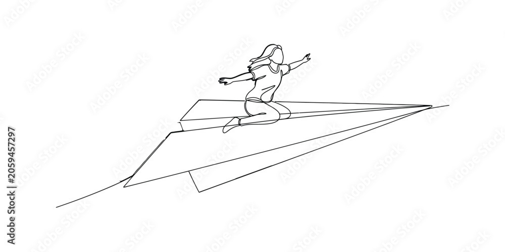 Fototapeta premium Girl Flying on Paper Airplane Line Art
