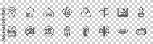 Foto outline museum icons set - anthropology, antic architecture, still life, museum ticket