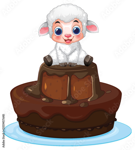Cute Cartoon Lamb Sitting on Top of a Chocolate Cake