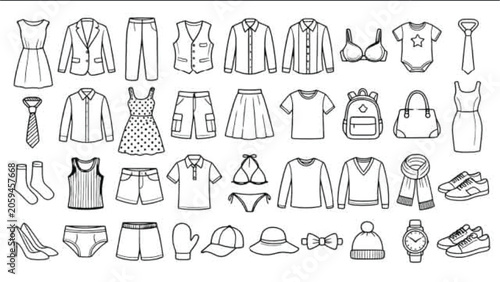 Φωτογραφία Clothing icons set featuring various apparel items like shirts dresses pants and