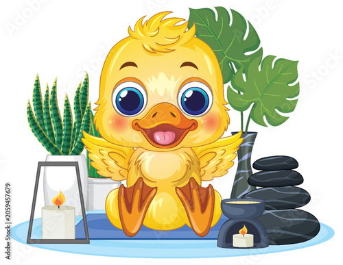 Cute Cartoon Duckling Practicing Yoga in a Relaxing Spa Setting