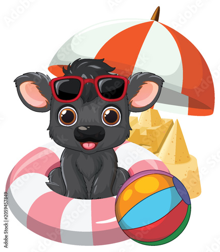 Cute Black Puppy Cartoon Character Enjoying Summer Beach Vacation