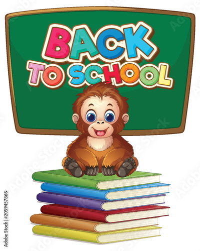 Cartoon Orangutan Sitting on Stack of Books with School Blackboard