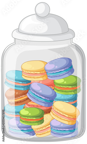 Colorful French Macarons Inside a Clear Glass Cookie Jar