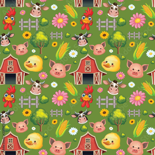 Seamless Cartoon Farm Pattern with Animals and Red Barns