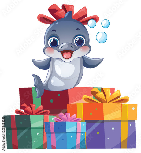 Cute Cartoon Dolphin Character with Red Bow and Colorful Gift Boxes