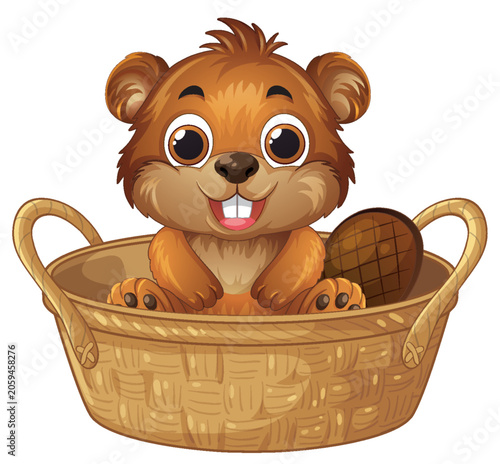 Cute Cartoon Beaver Sitting Inside a Woven Wicker Basket