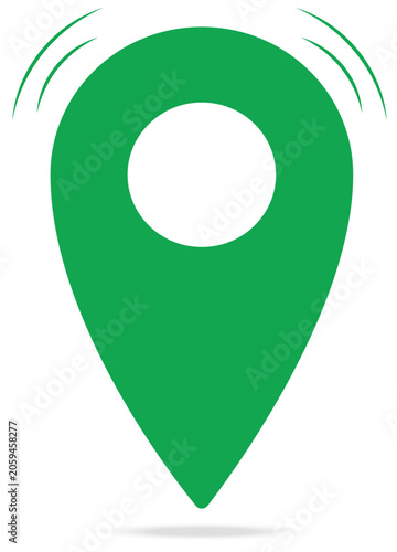 Green location pin graphic below featuring a minimalist map pointer and a soft floor shadow on white background