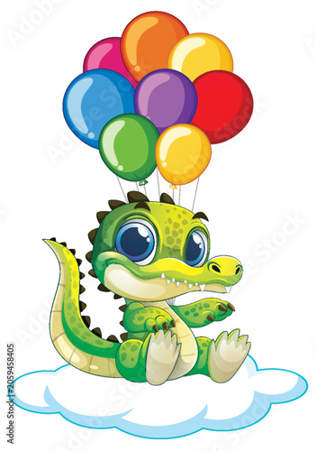 Cute Cartoon Baby Crocodile Floating on a Cloud with Colorful Balloons