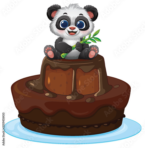 Cute Baby Panda Sitting on a Two Tier Chocolate Cake