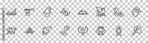 Tableau sur toile outline fairy tale icons set - loch ness monster, fanfare, cinderella shoe, enchantment