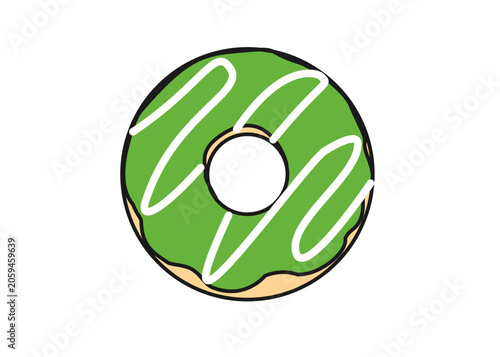 Green tea donut illustration. Food packaging, menu illustration hand drawn print ads. Food business, bakery