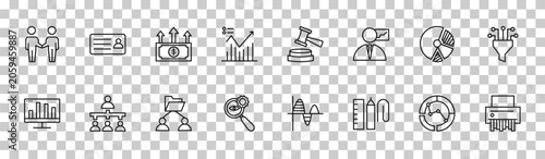 Photos outline business and analytics icons set - partnership, business card, pie chart diagram, shredder