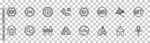 Photography outline africa icons set - zambian kwacha, moroccan dirham, pyramids, ankh