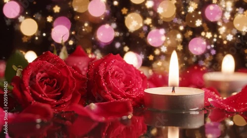 Romantic candles and red roses.