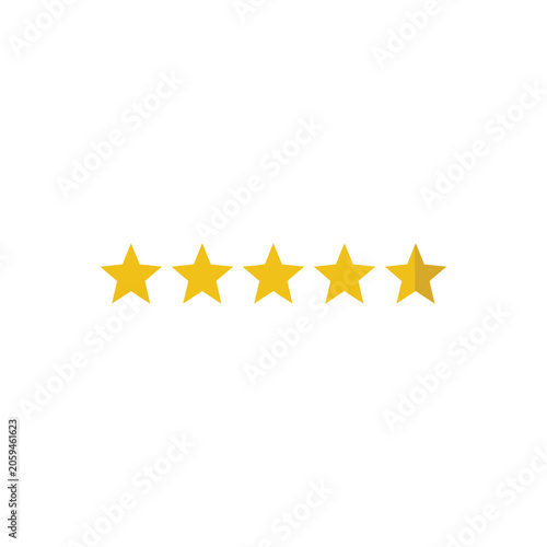 Five yellow stars in a horizontal row, flat on a white background, symbol for rating, review, or feedback system