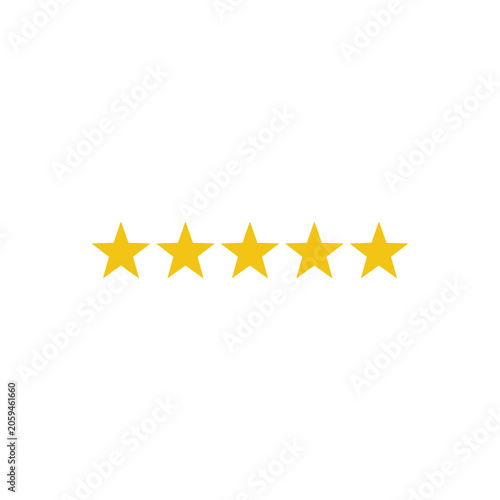 Five yellow stars in a horizontal row, representing a five star rating, assessment, or customer feedback on a white background